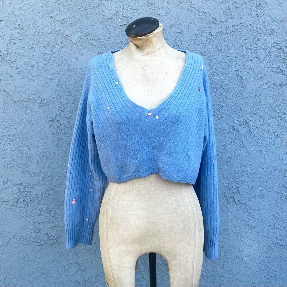 Blue Cashmere Sweater Upcycled cropped visible mending Size XS/S funky